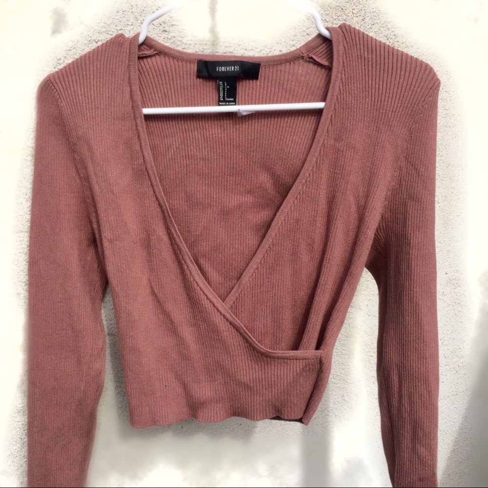 Deep v neck faux wrap ribbed crop top sweater